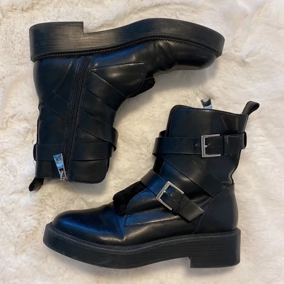 ☠️ ZARA TRAFALUC MOTO LEATHER & FAUX FUR EDGY BIKER BABE GRUNGE BUCKLE BOOTS - Picture 5 of 15